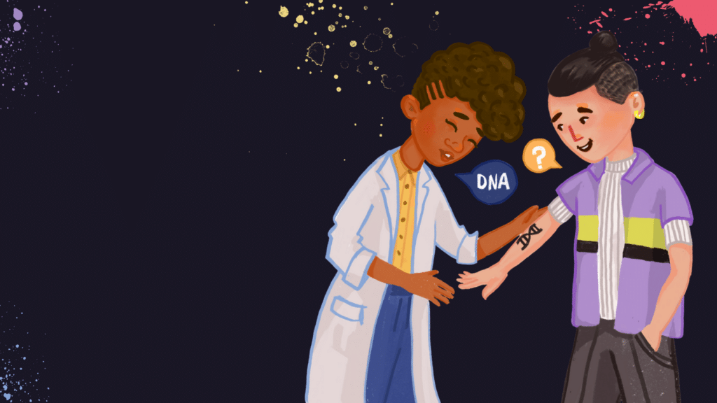 Illustration showing a scientist applying a DNA tattoo on to a member of the public