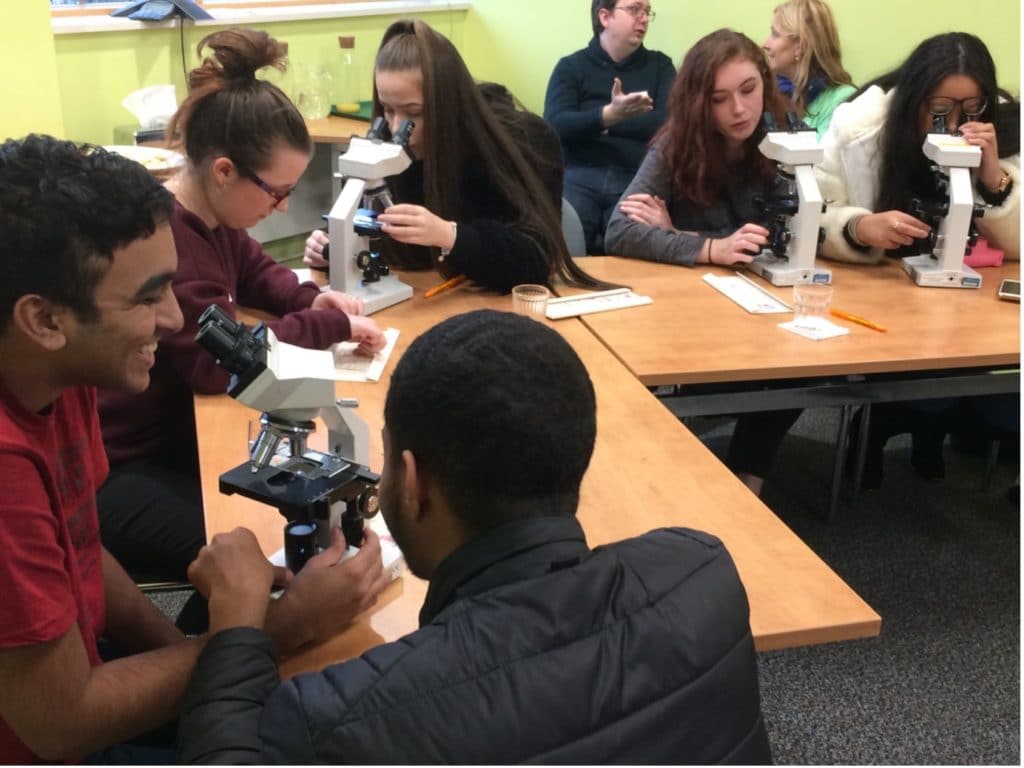 Sixth form students completing a microscopy workshop at the institute