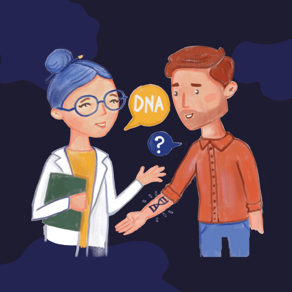 Illustration of scientist in a lab coat applying a temporary tattoo to a member of the public. Scientist has a speech bubble and is saying "DNA"