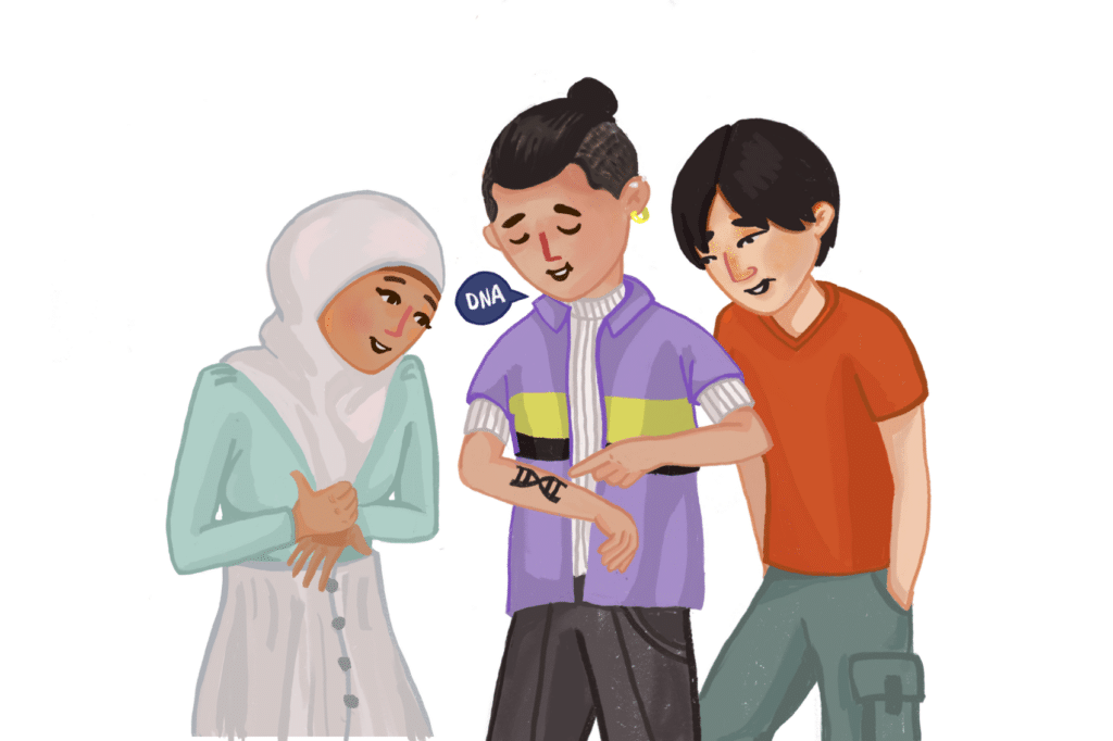 An illustration showing three friends chatting about a DNA tattoo the the person in the middle has