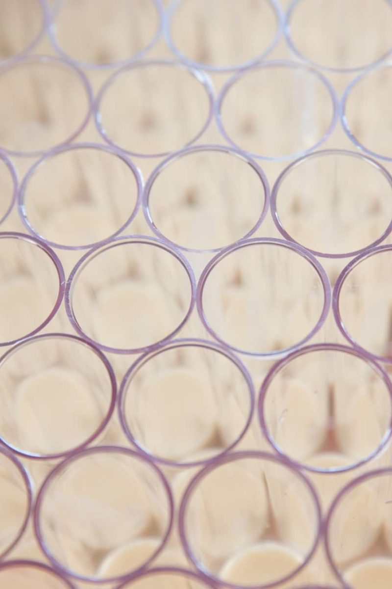 Glass fly food vials making abstract pattern