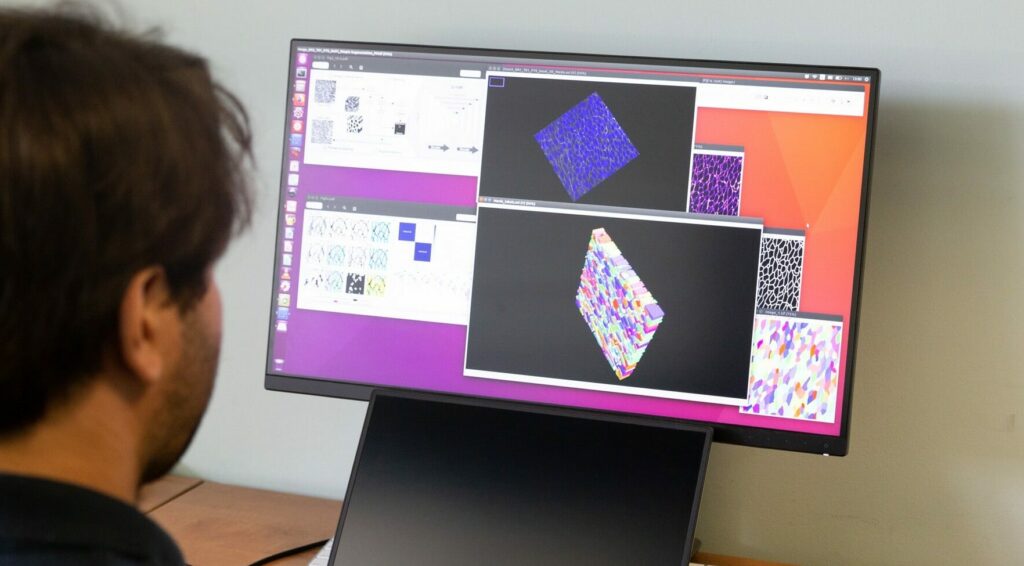 Image analysis reconstructions on screen viewed by researcher from Simons lab