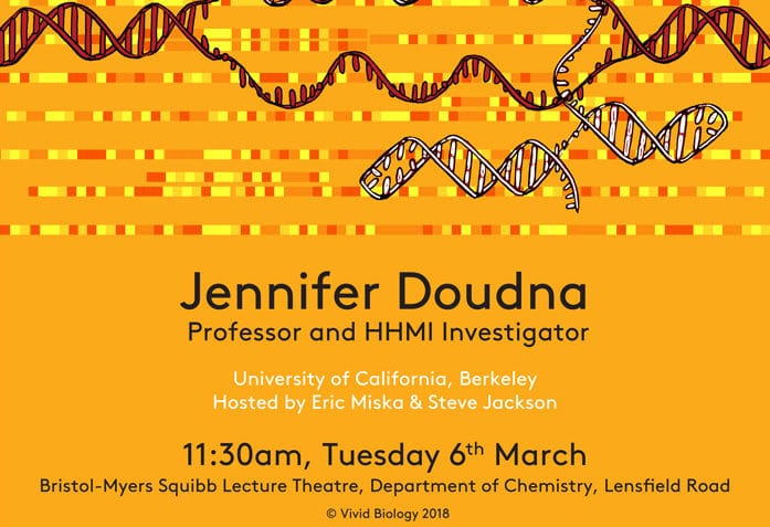 Poster advertising Gurdon Institute seminar (the Anne McLaren lecture)by J Doudna in March 2018