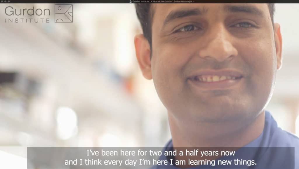 Still from video 'Global reach' showing Khayam Javed, Gurdon lab