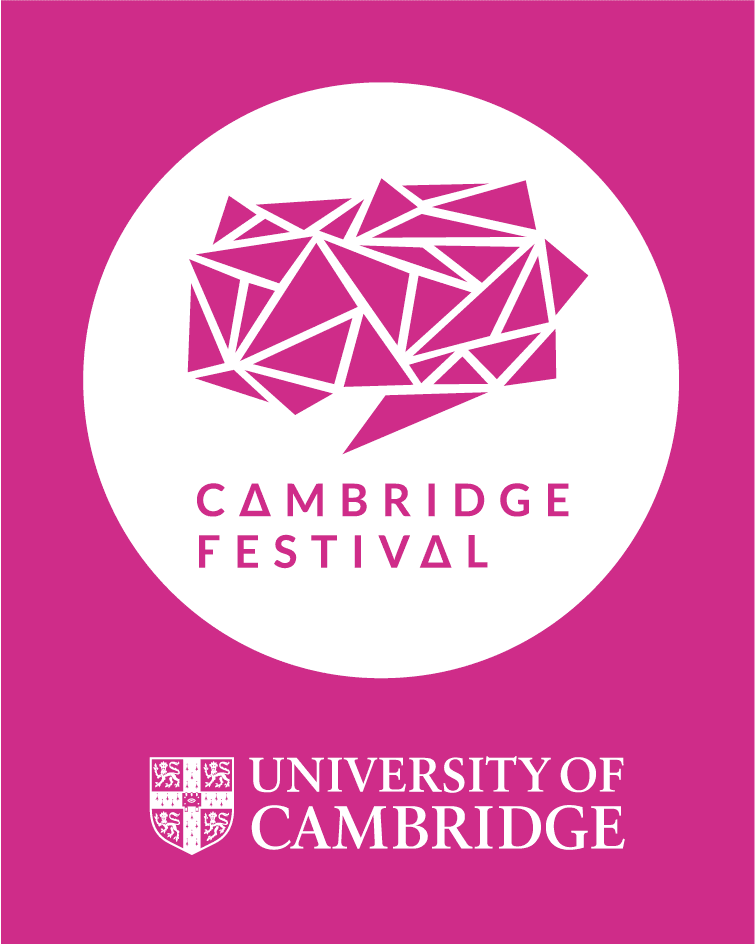 Pink rectangle with the Cambridge Festival and University of Cambridge logos