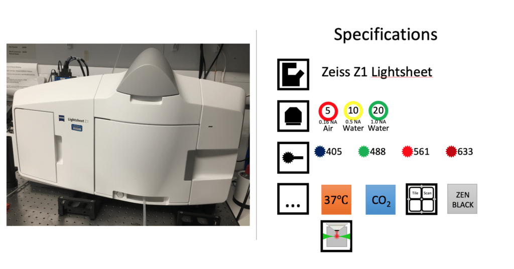 Technical spec and photo of the Zeiss Z1 Lightsheet microscope