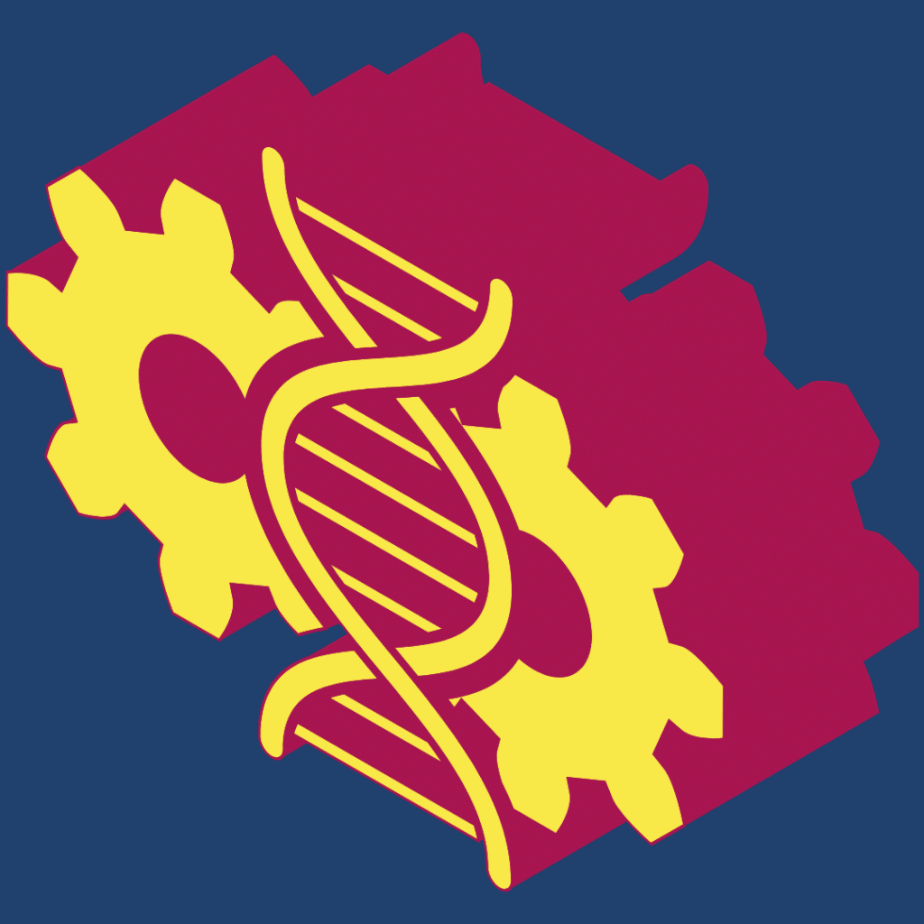 Navy blue square with a bright yellow and pink graphic showing a DNA helix in front of two cogs