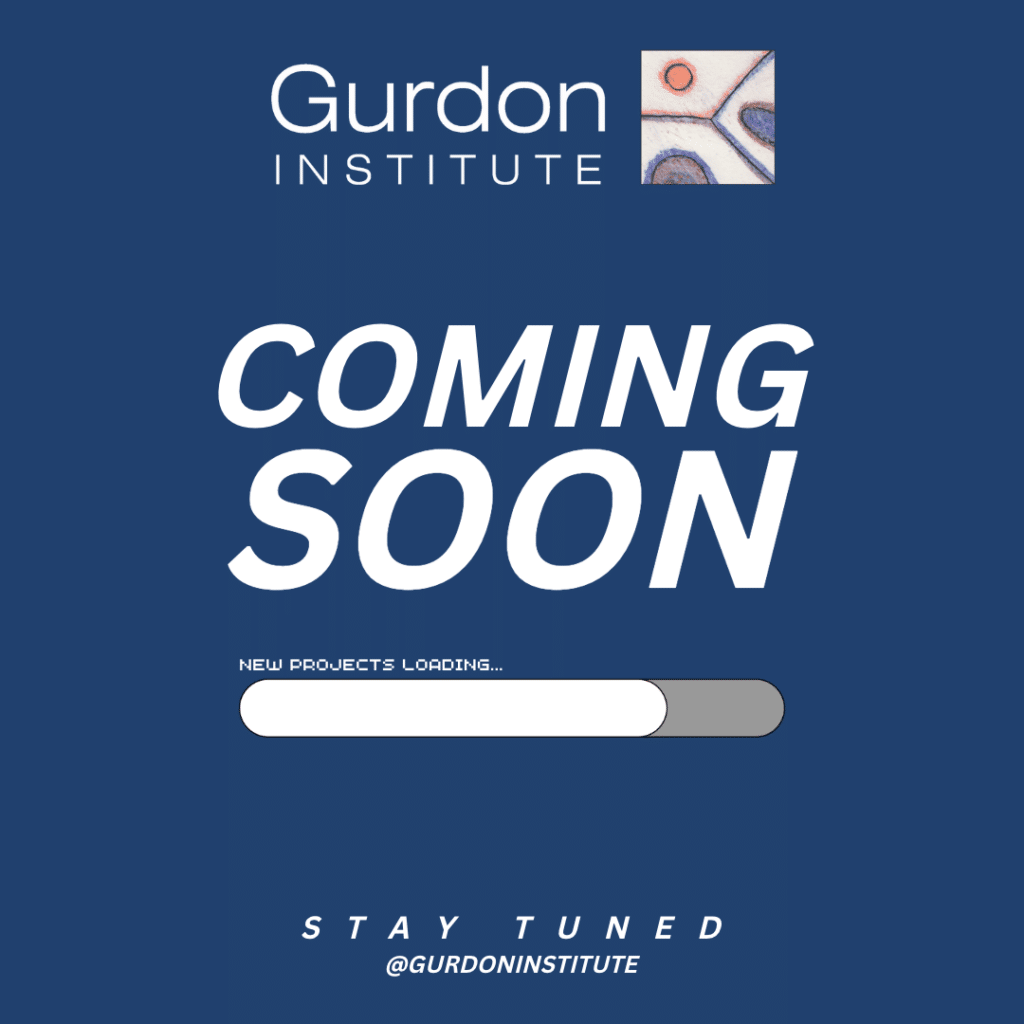 Navy blue square with the Gurdon Institute logo and text reading "Coming soon. New projects loading. Stay tuned. @gurdoninstitute"
