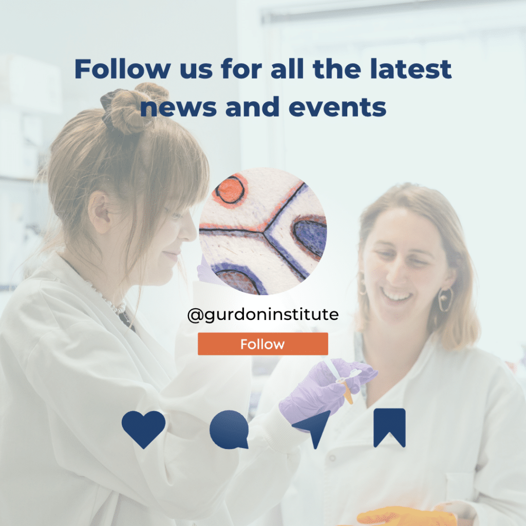 Image of a past ASTP student pipetting with her supervisor in the bank groud with text overlay that reads "Follow us for all the latest news and events @gurdoninstitute" with the institute Instagram icon showing three cells